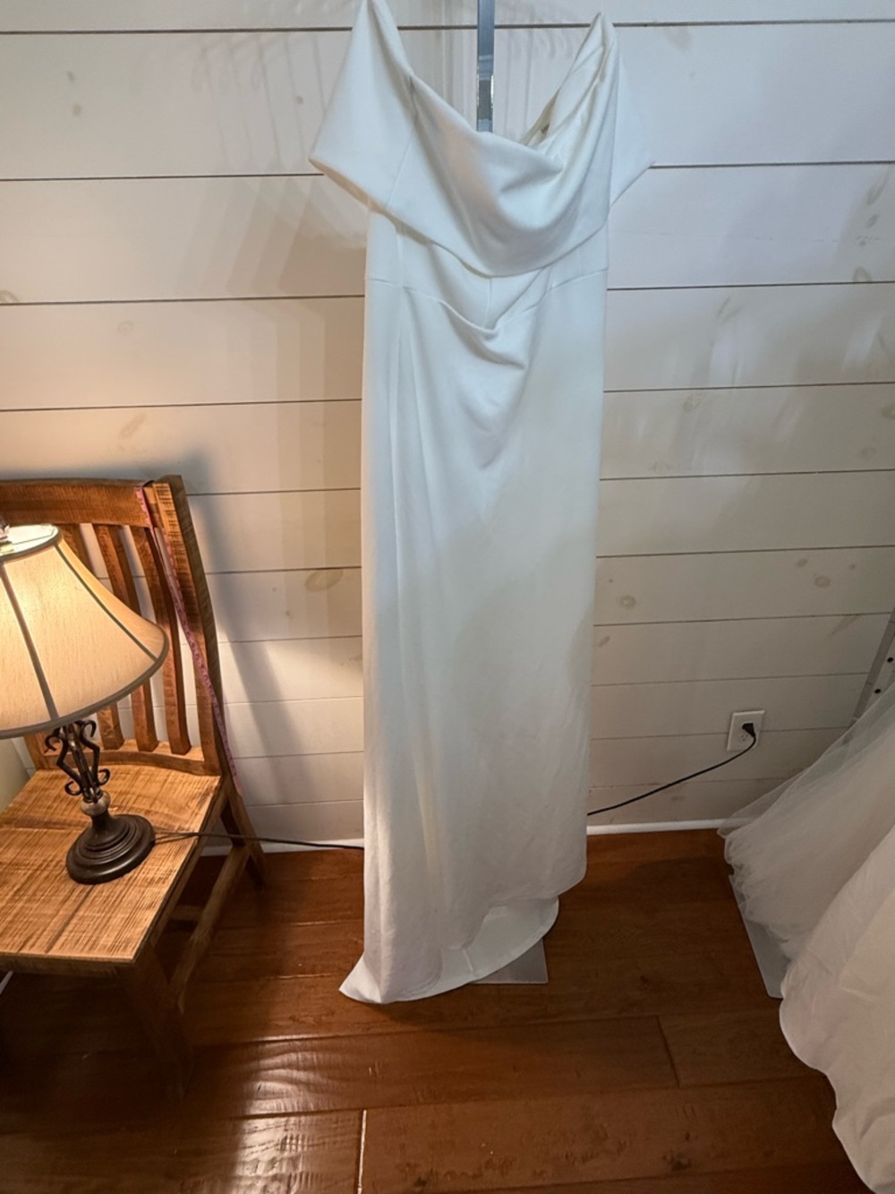 Lulu's White Off-Shoulder Strapless Cowl Neck Bridal Gown
